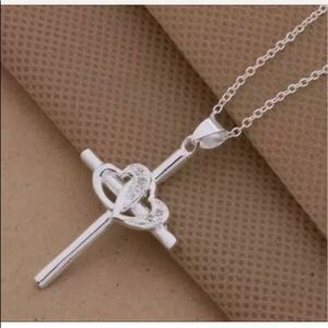 Womens 925 Sterling Silver CZ Cubic Heart
Cross Pendant Necklace 18"